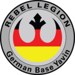 Logo der Rebel Legion German Base Yavin. In der Mitte ist das Symbol der Rebellen aus Star Wars in den Farben Schwarz, Rot und Gold.